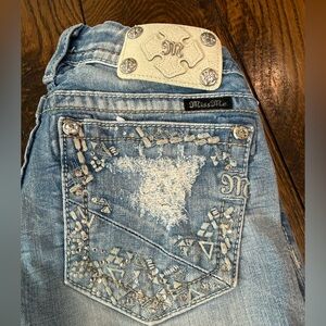 Miss Me Light Blue Embroidered Bootcut Jeans with Rhinestone Detail